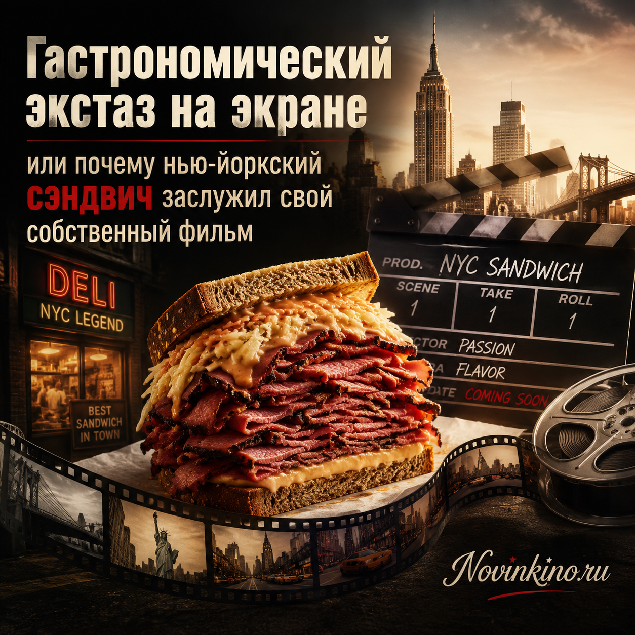 Нью-йоркский сэндвич на фоне кинематографической сцены