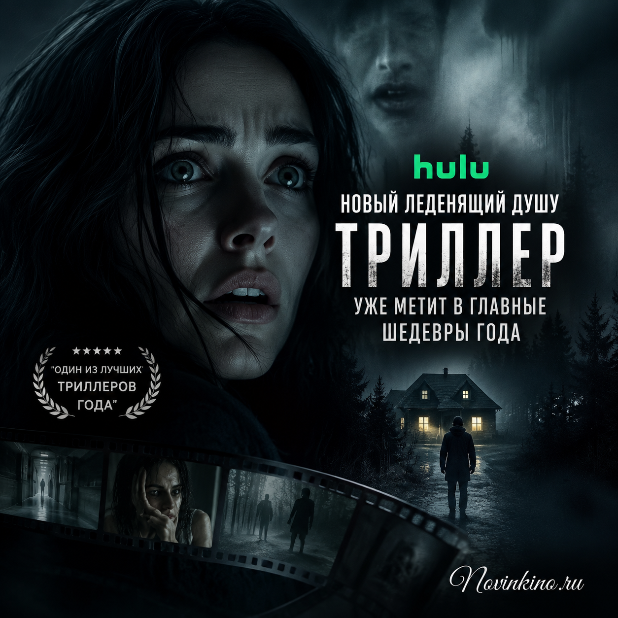 Постер нового триллера от Hulu с загадочным сюжетом и напряженной атмосферой.