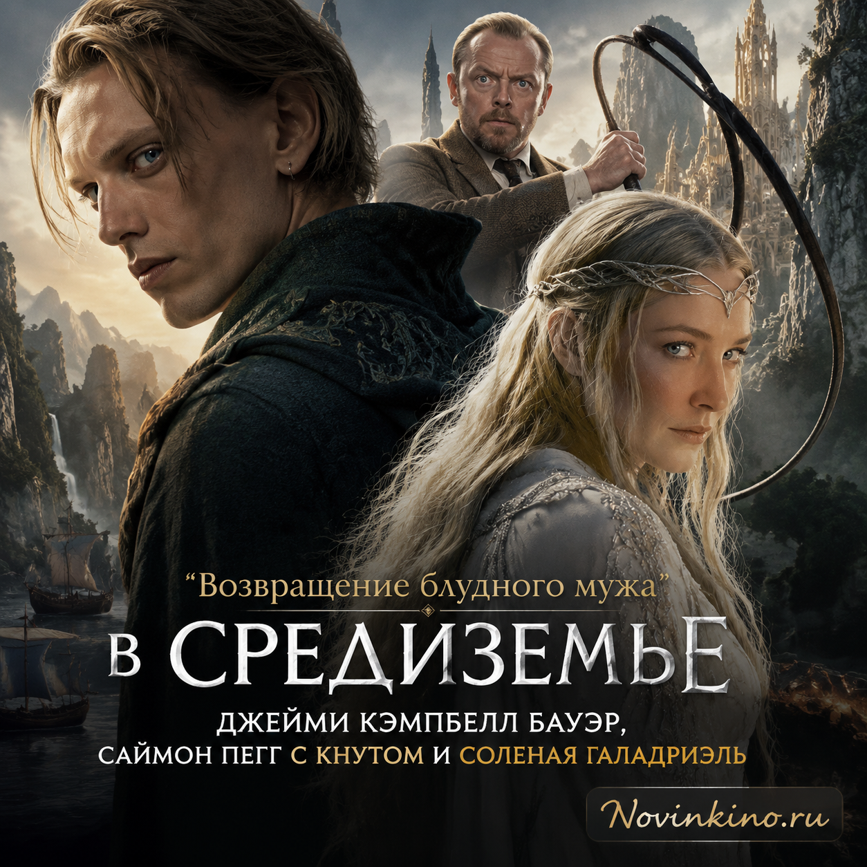 Джейми Кэмпбелл Бауэр и Саймон Пегг с кнутом, соленая Галадриэль