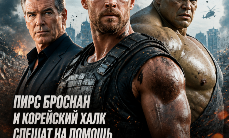 Pierce Brosnan and Korean Hulk in an intense action scene helping Chris Hemsworth