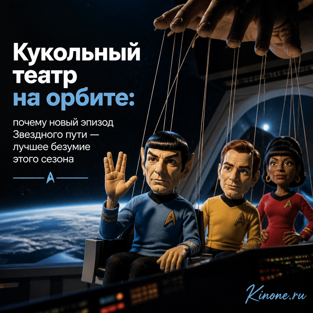 Сцена из нового эпизода Звездного пути с кукольными персонажами на орбите