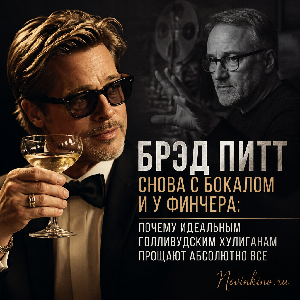Брэд Питт с бокалом, обсуждающий сцены с Дэвидом Финчером