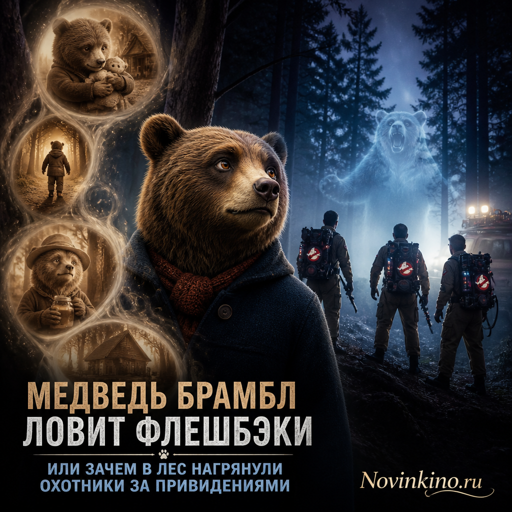 Медведь Брамбл в лесу, окружённый охотниками за привидениями