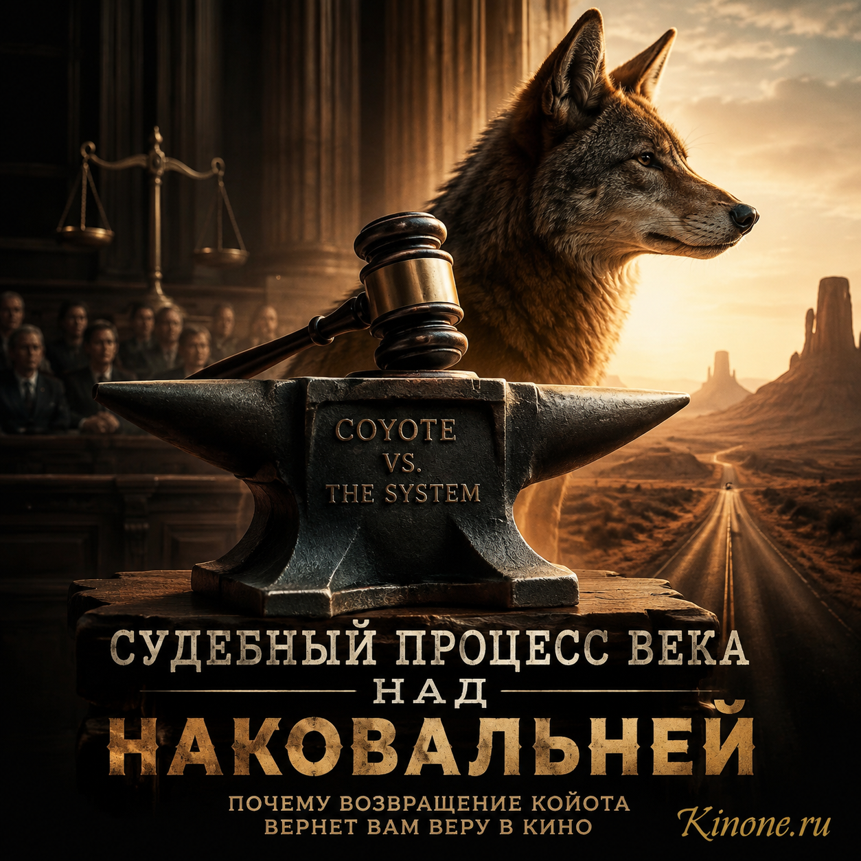 Сцена судебного процесса с наковальней и Койотом