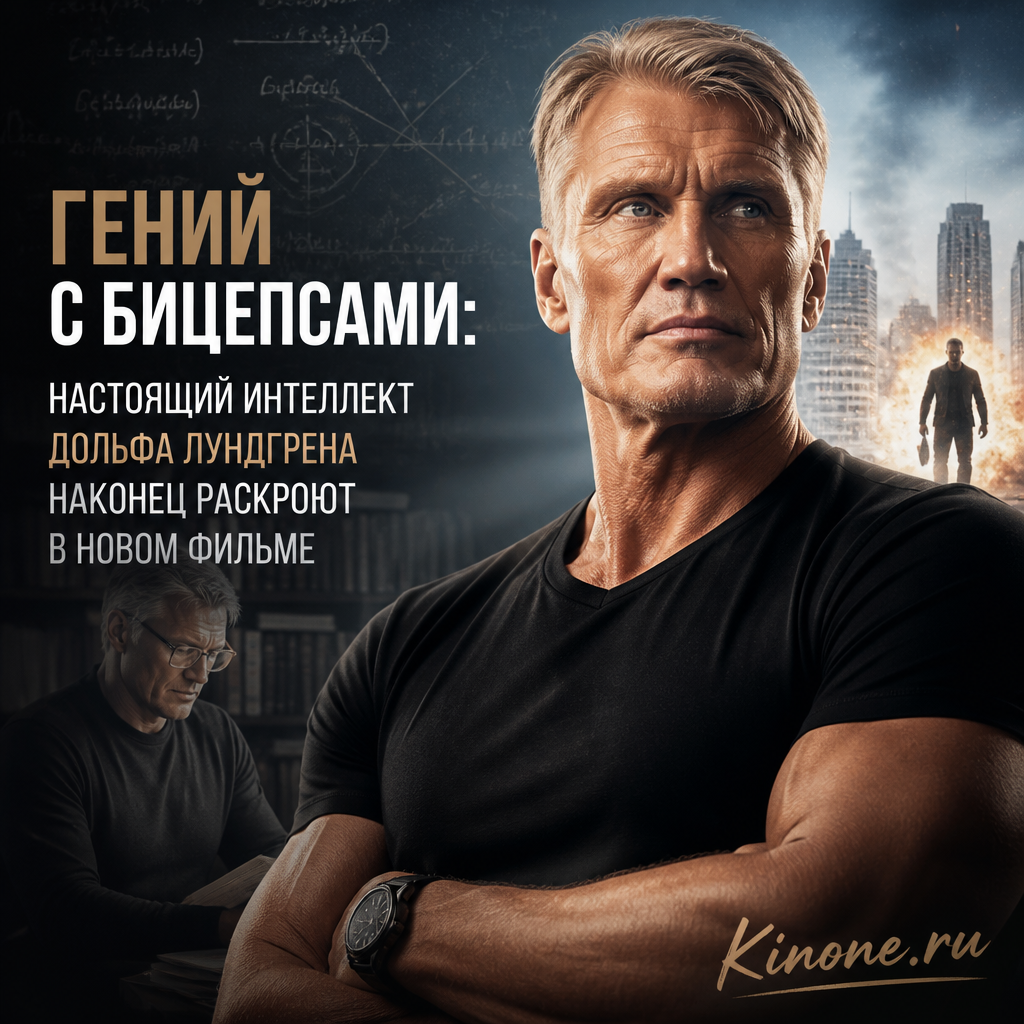 Дольф Лундгрен в образе героя фильма, демонстрирующий свою физическую силу и интеллект