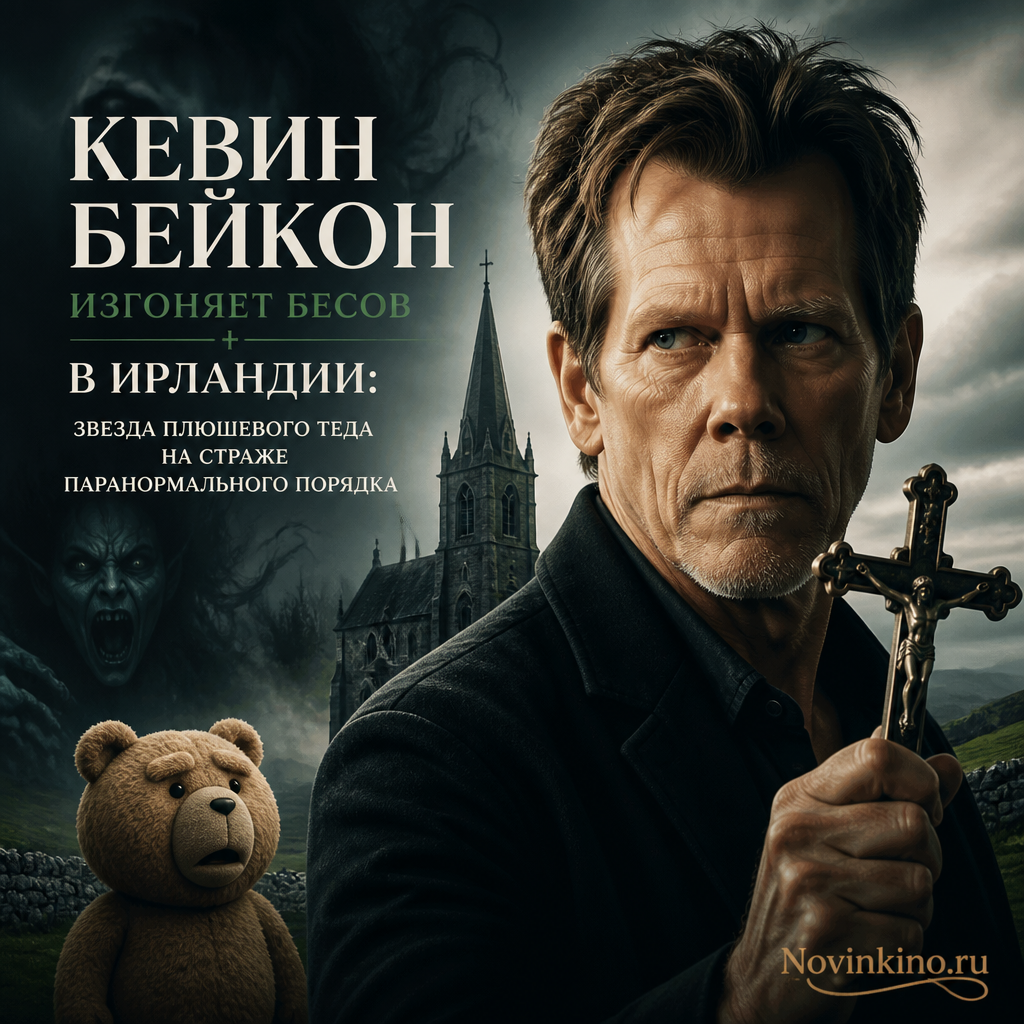 Кевин Бейкон на фоне ирландского пейзажа с плюшевым Тедом, готовящийся к изгнанию бесов.