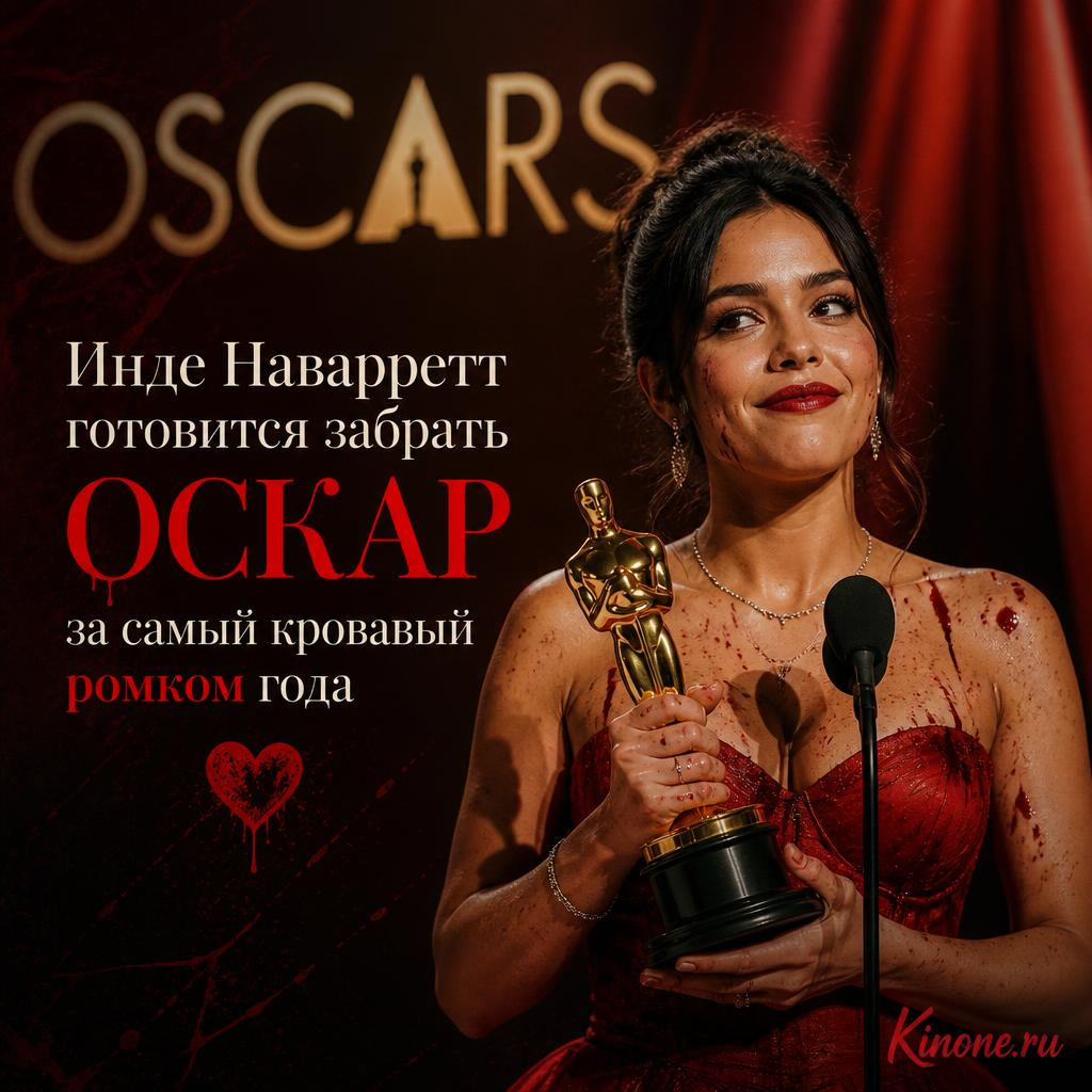 Инде Наварретт на фоне красной дорожки с наградой Оскар