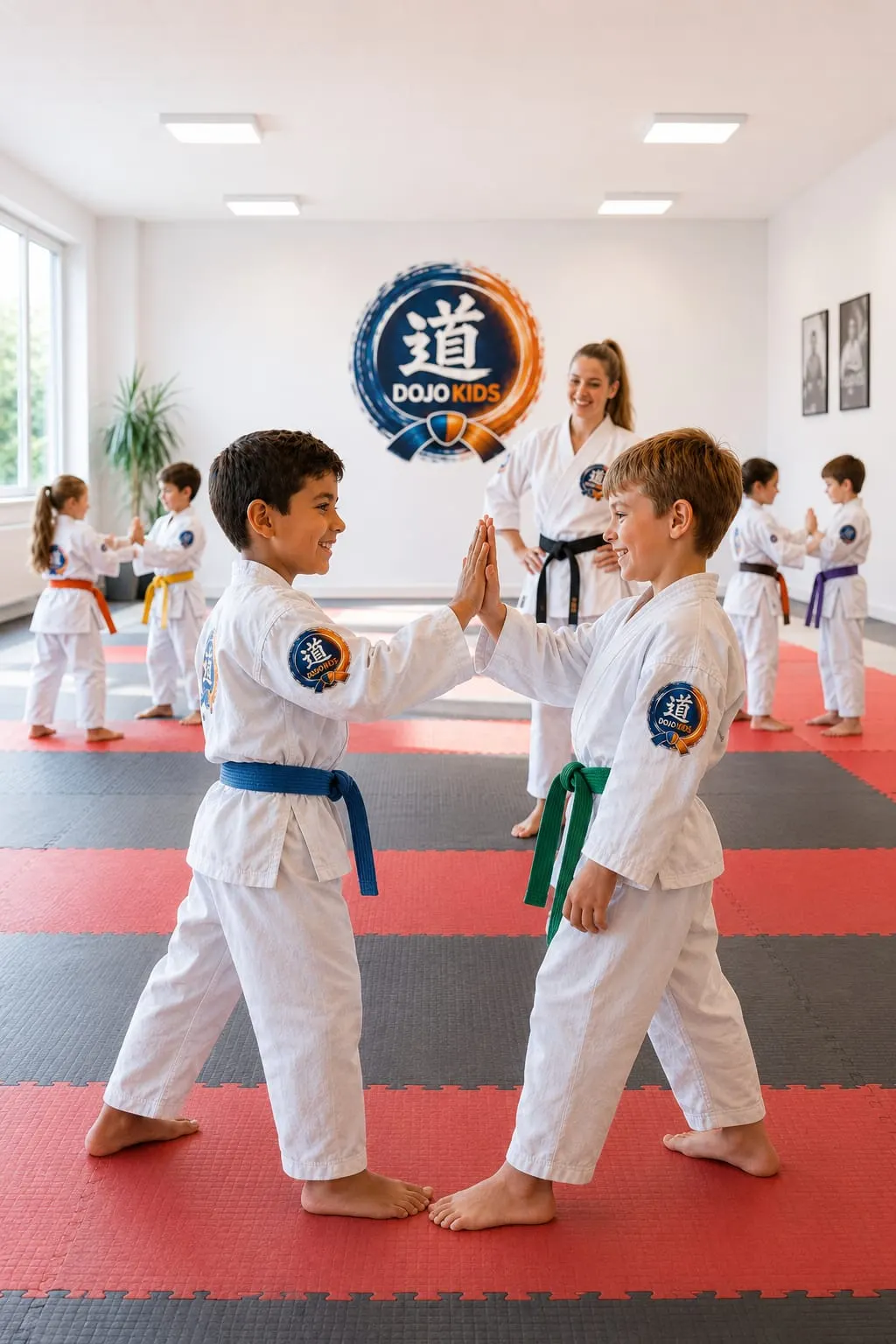 Zwei Kinder im Karateanzug beim Abklatschen im Dojo