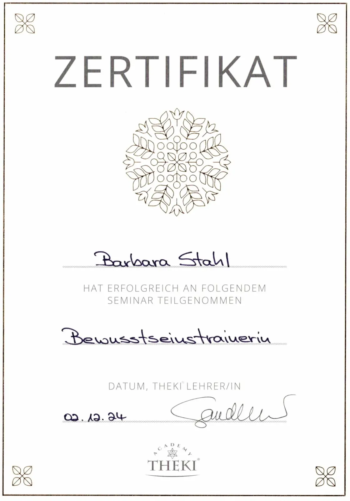 THEKI® Zertifikat – Bewusstseinstrainerin