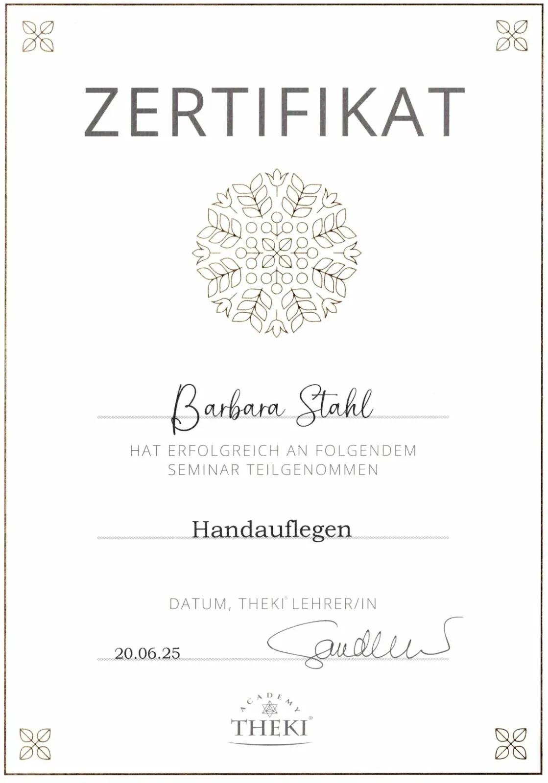 THEKI® Zertifikat – Handauflegen