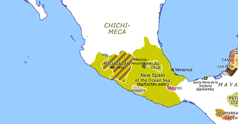 Political map of Mexico and Central America on 25 Jul 1523 (Spanish Arrival: Spanish Consolidation in Mexico), showing the following events: Capitulation of Michoacán; Conquest of Colima.