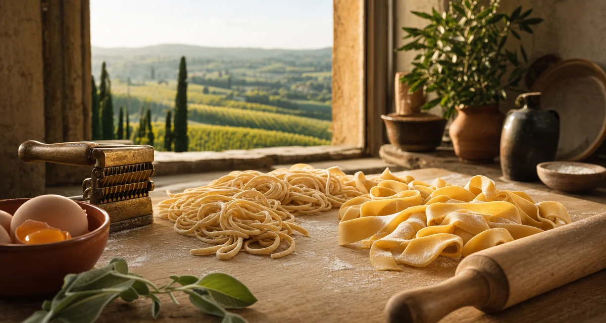 Fresh handmade pici pasta on a flour-dusted wooden board in a Tuscan villa kitchen, golden morning light