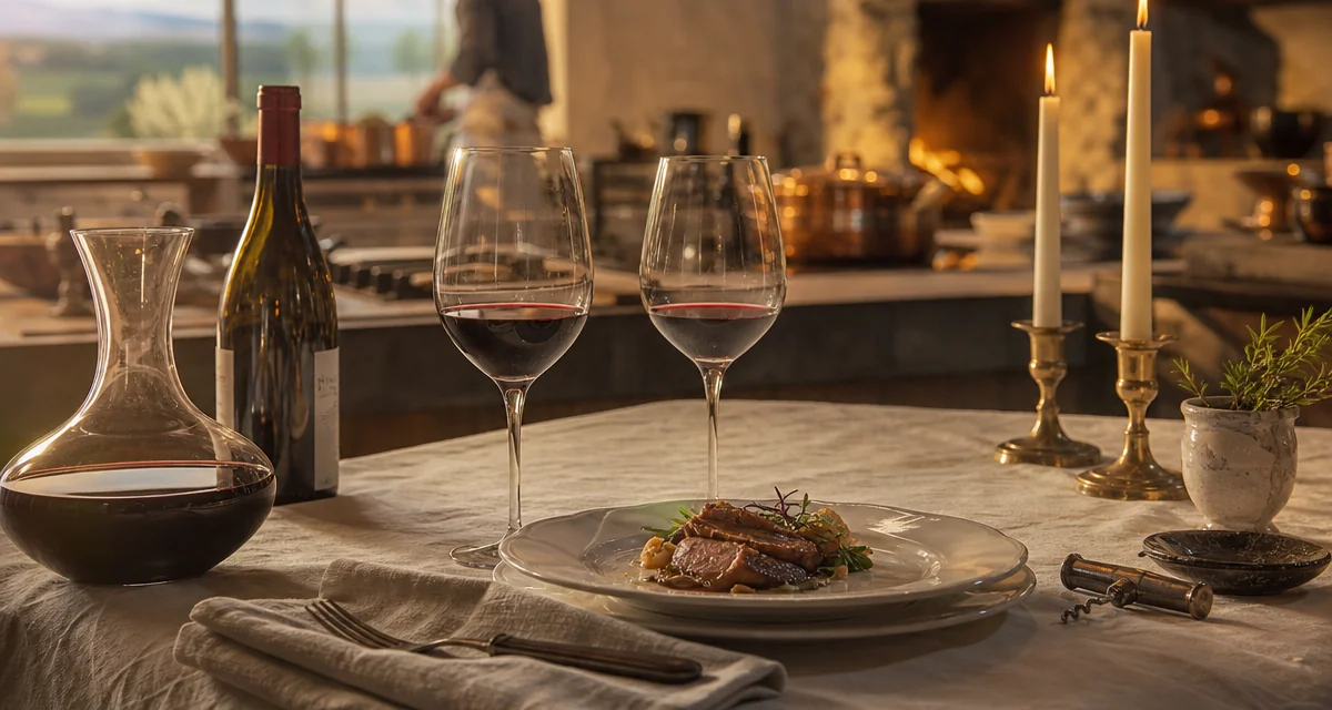 Tavola apparecchiata con calici di vino rosso, bottiglia e piatto gourmet per cena privata con chef a domicilio