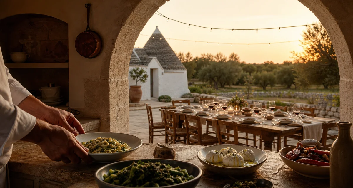 Puglian masseria courtyard table with orecchiette, burrata and Primitivo wine at golden hour