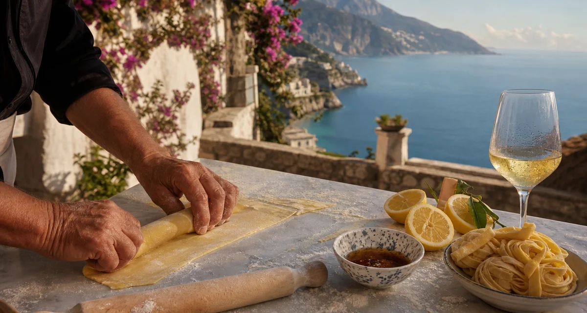 Hands rolling fresh tagliatelle on Amalfi Coast villa terrace with Falanghina wine and Sfusato lemons