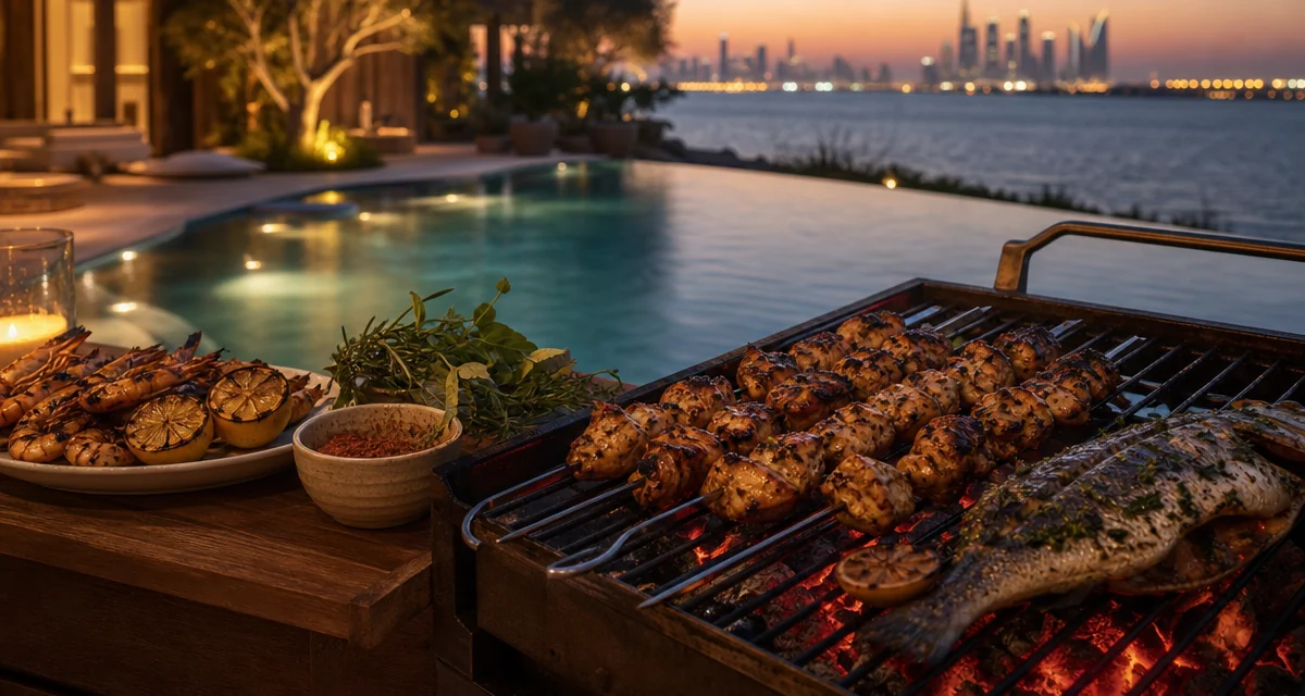 Villa grill night in Dubai with shish taouk skewers and grilled seabass over charcoal, poolside at dusk