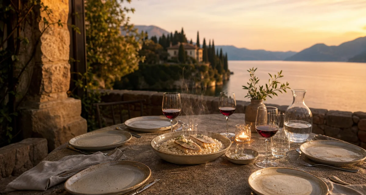 Bellagio villa terrace dinner table at golden hour overlooking Lake Como with risotto and Valtellina wine