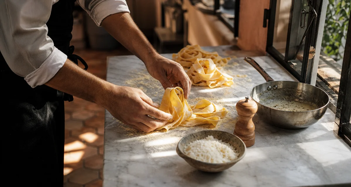 Fresh pasta hands-on class in a Roman apartment, cacio e pepe sauce and Pecorino Romano on marble