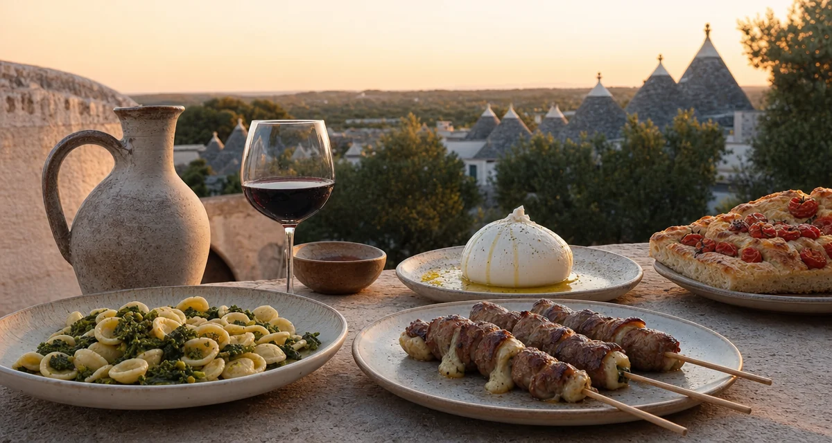 Apulian masseria terrace table with orecchiette, bombette, burrata di Andria and Primitivo wine at sunset