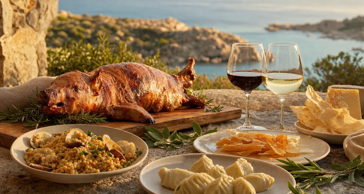 Sardinian villa table at sunset with porceddu, culurgiones, bottarga, fregola and Cannonau wine