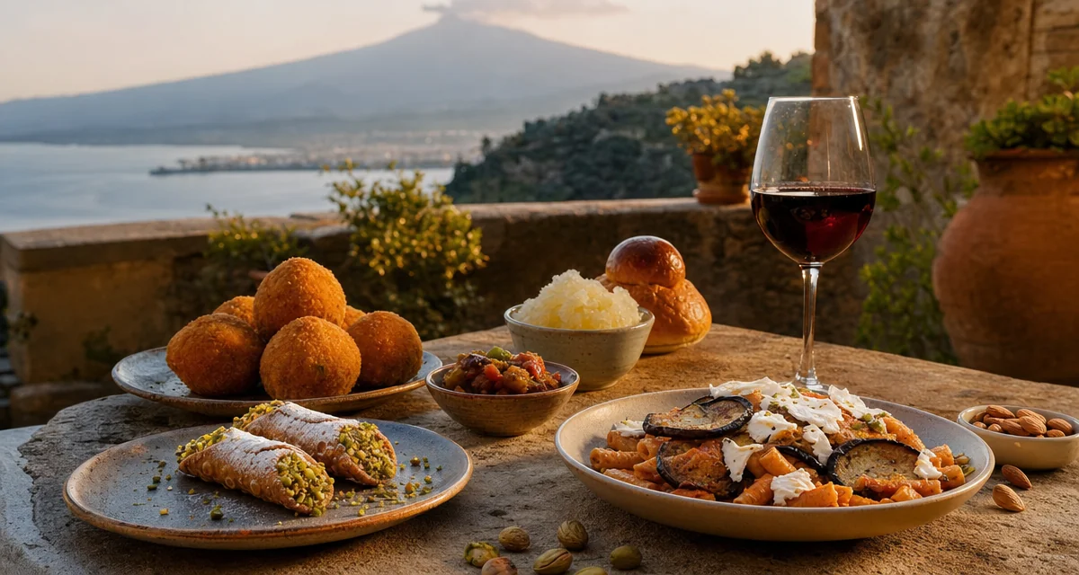 Sicilian feast at golden hour: arancini, pasta alla Norma, cannoli and Etna Rosso wine with Mount Etna backdrop