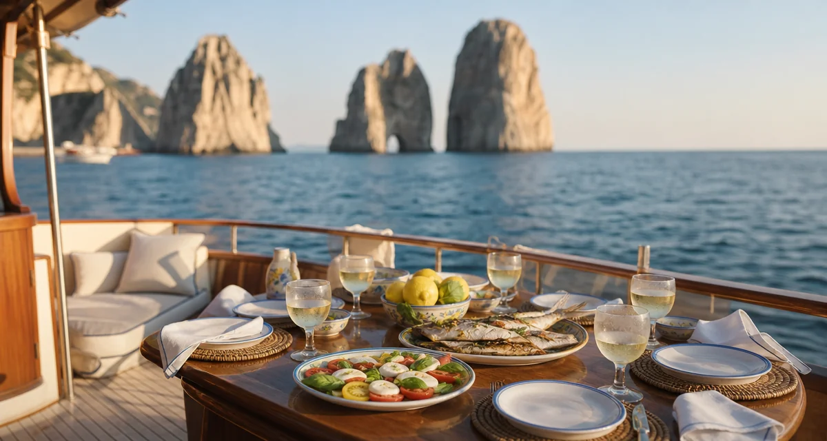 Capri private chef lunch served on a gozzo deck with insalata caprese and Falanghina, Faraglioni in the background