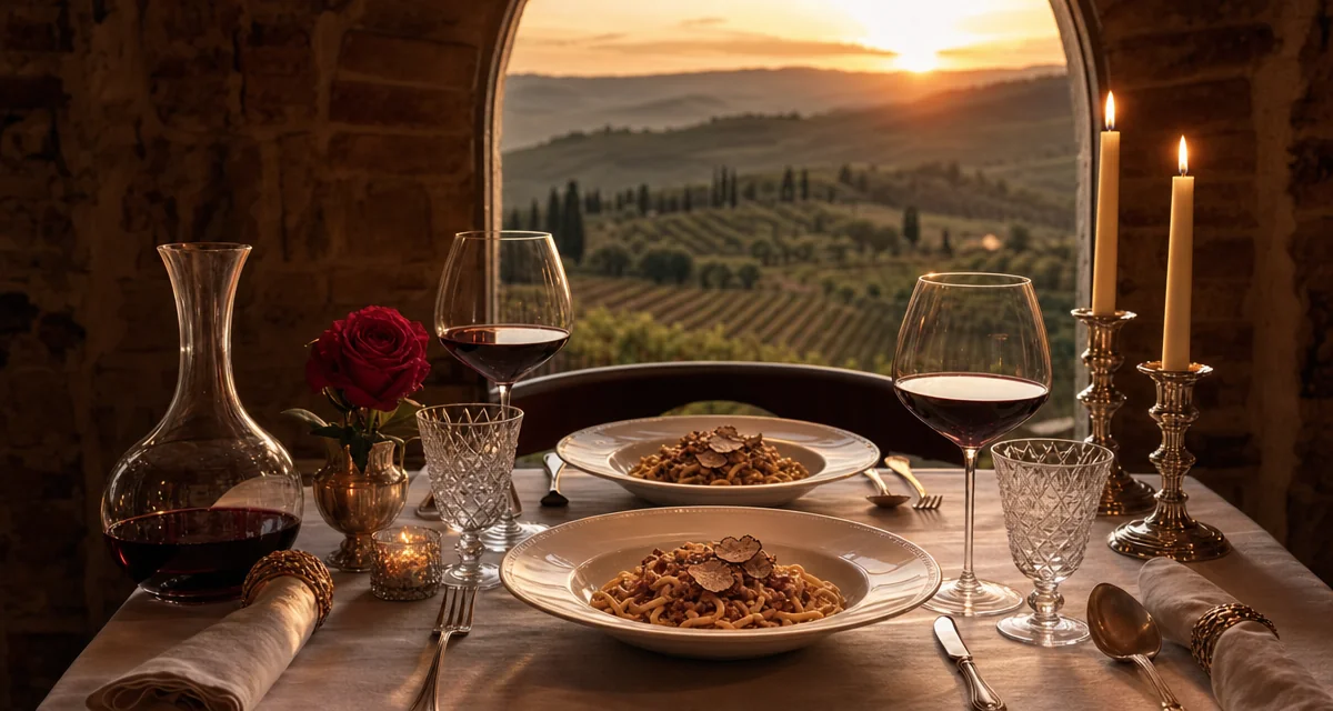 Tavola apparecchiata in villa toscana al tramonto per cena anniversario di matrimonio con calici Brunello e candele