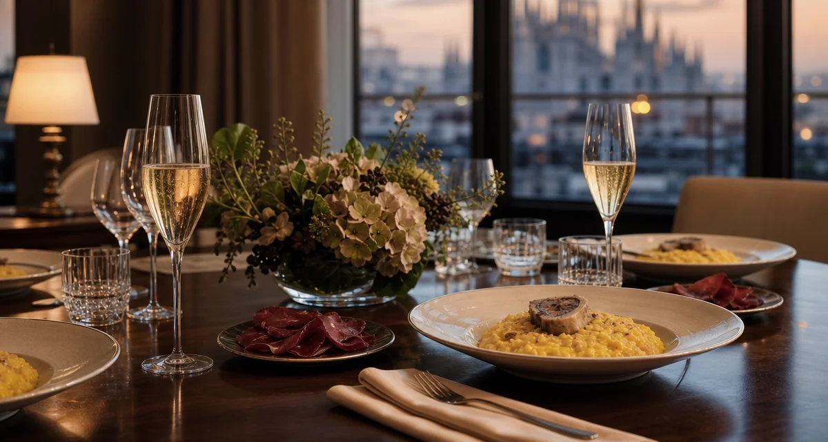 Tavola elegante per cena di consiglio in residenza privata lombarda con risotto allo zafferano e calici Franciacorta