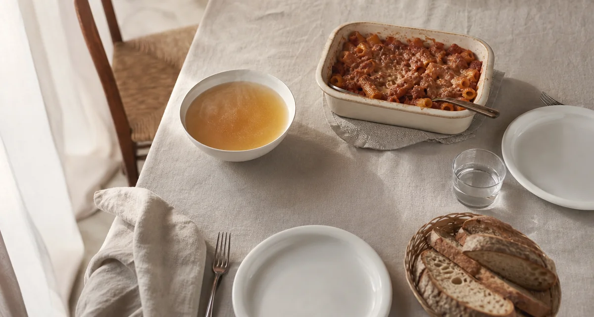 Tavola domestica italiana sobria con pasta al forno, brodo caldo e pane di campagna — cucina di conforto per raccoglimento fa