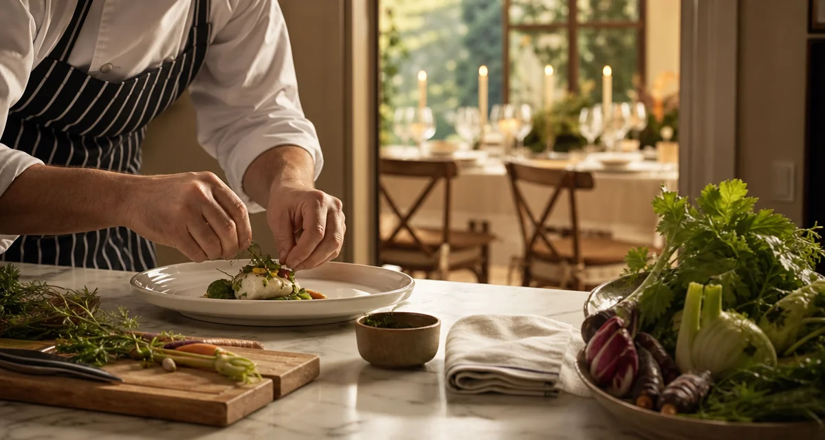 Chef prepara un piatto su una linea di lavoro dedicata, tavola elegante apparecchiata sullo sfondo