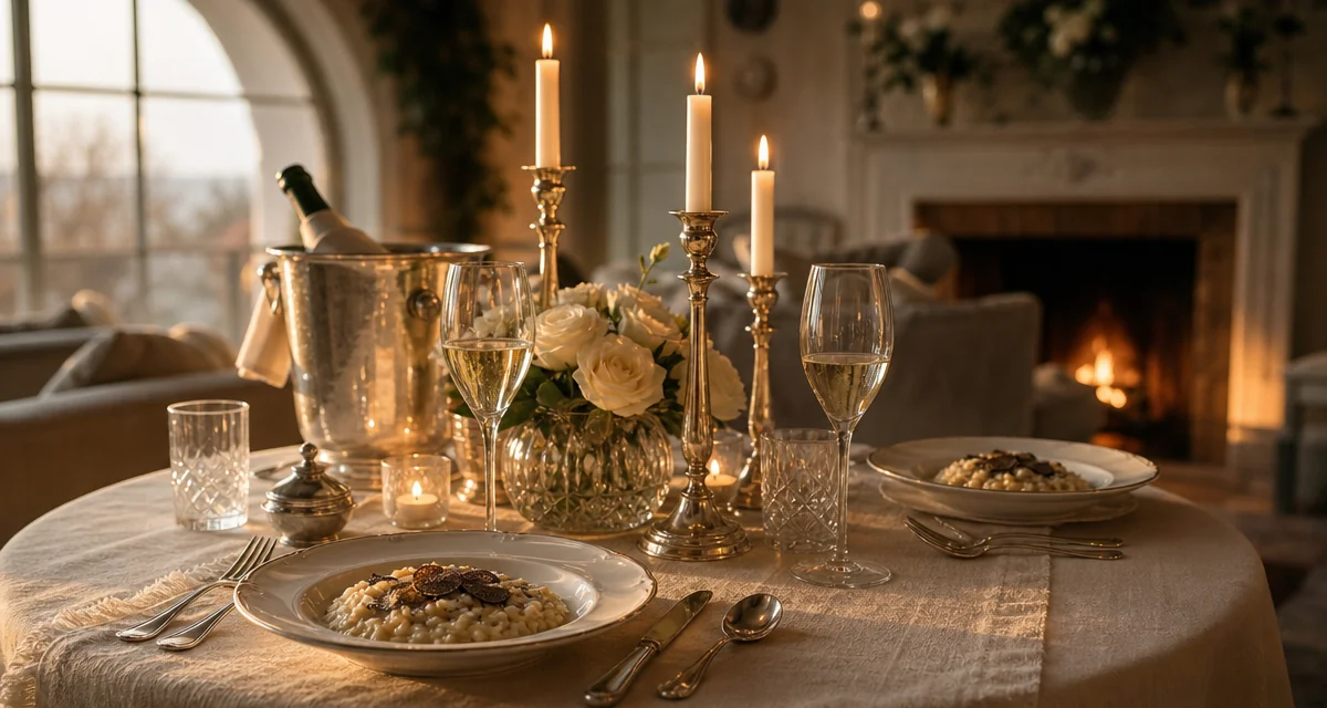 Tavola per due con risotto al tartufo, flute di Franciacorta e candele — cena nozze d'argento a domicilio