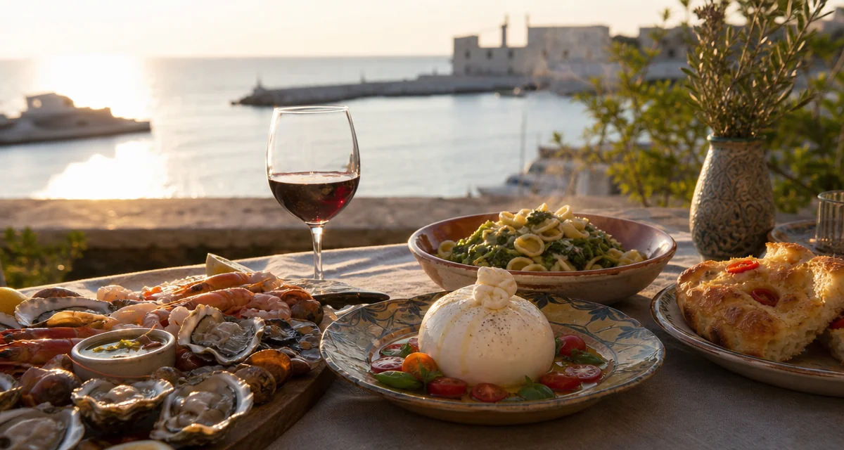 Tavola pugliese a Bari con crudo di mare, orecchiette alle cime di rapa e burrata di Andria al tramonto