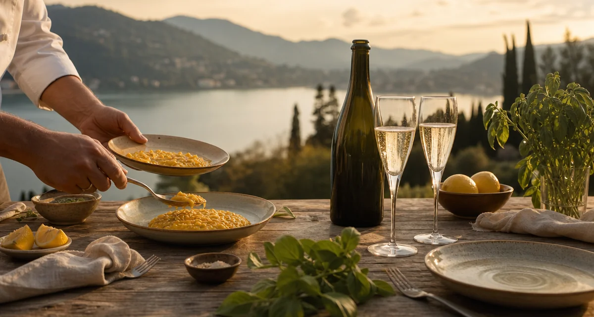 Cena con chef privato in terrazza di villa in affitto sul lago, risotto e Franciacorta al tramonto