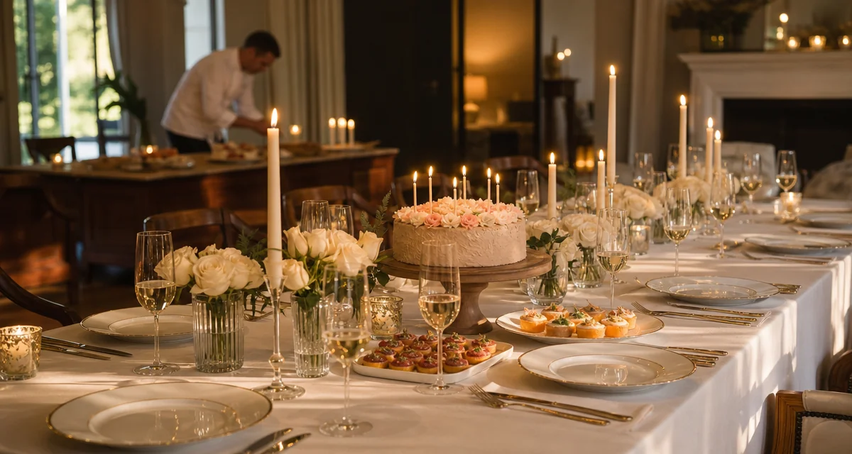 Tavola apparecchiata per cena di 18 anni con chef a domicilio, torta con candeline e calici prosecco