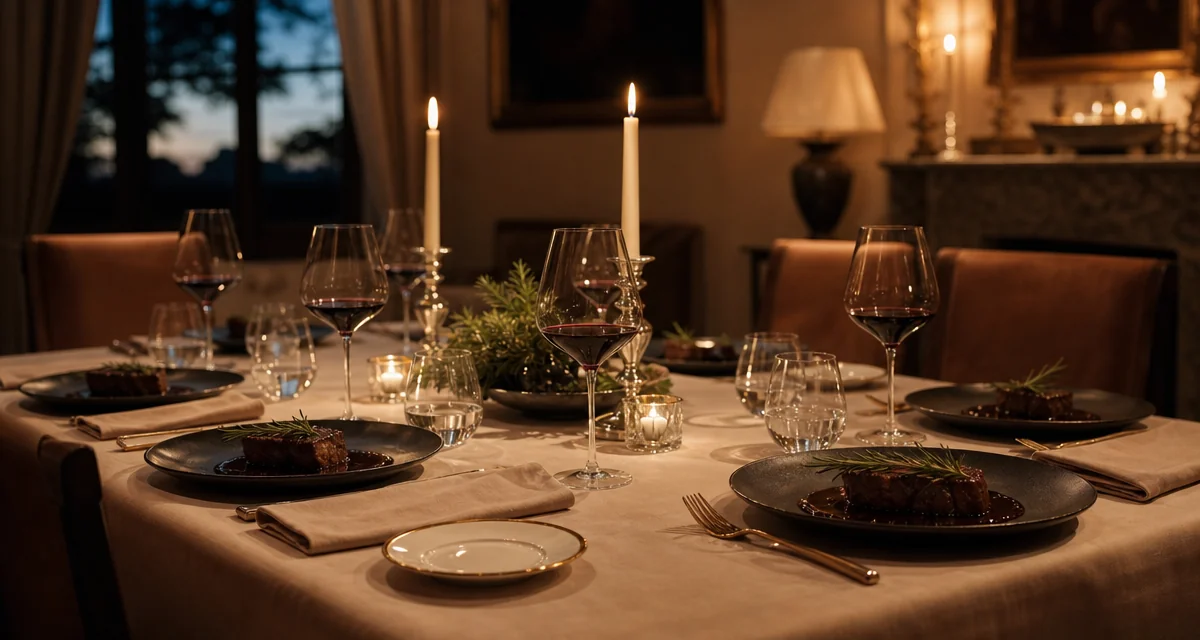 Tavola apparecchiata per cena di lavoro privata con filetto e Barolo, atmosfera riservata ed elegante
