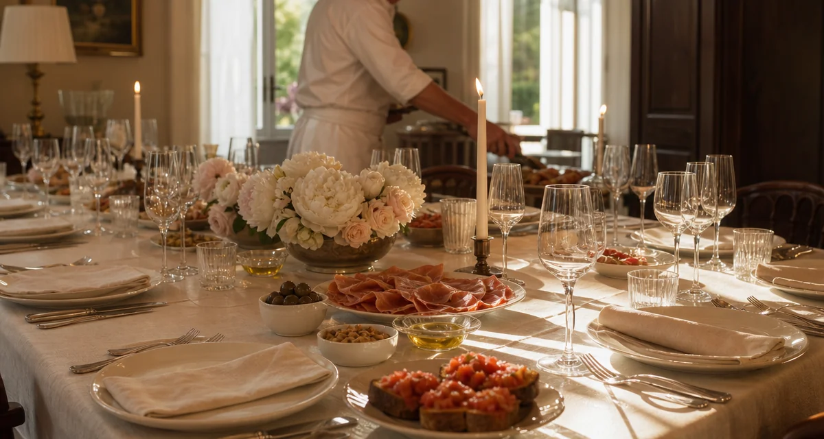 Tavola apparecchiata in casa per cena di Cresima, antipasti, calici cristallo e peonie, luce naturale pomeridiana