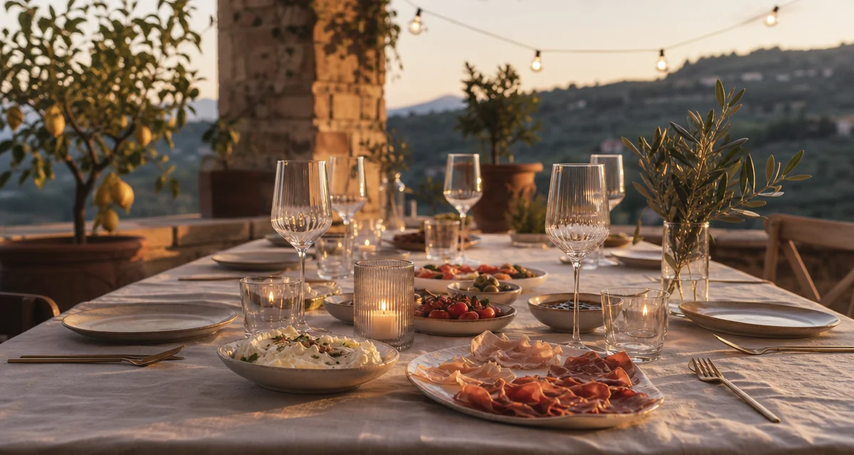 Tavola apparecchiata per una cena con chef a domicilio su una terrazza italiana al tramonto