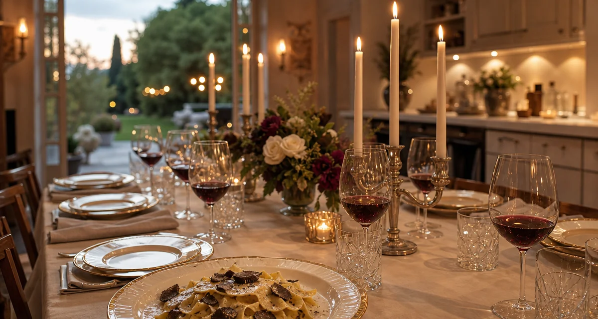 Tavola per dodici in salotto italiano al tramonto con cena di compleanno e calici di Brunello