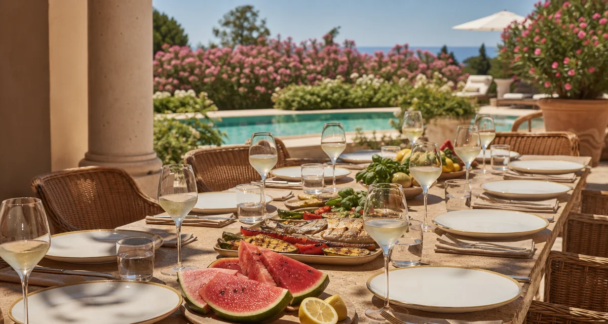 Tavola di Ferragosto apparecchiata in villa con grigliata di pesce, calici Lugana e anguria al sole