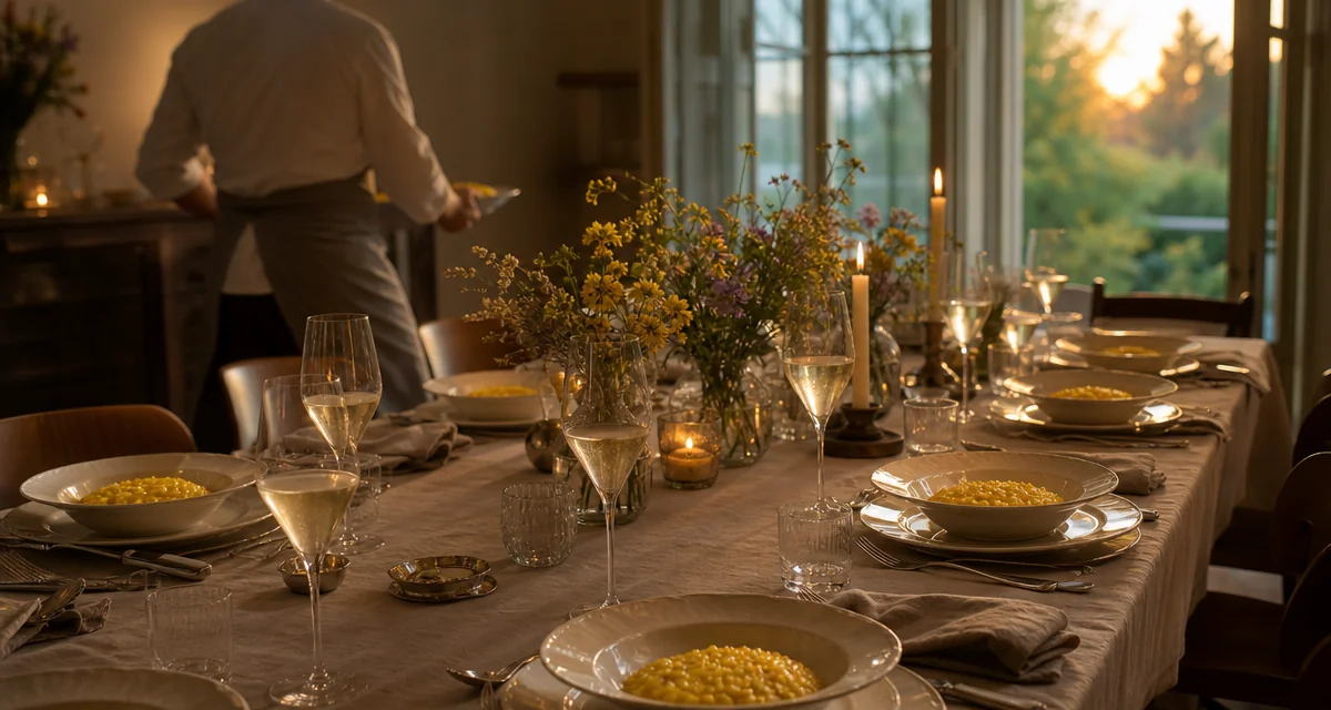 Tavola imbandita per festa di pensionamento con risotto allo zafferano, Franciacorta e candele