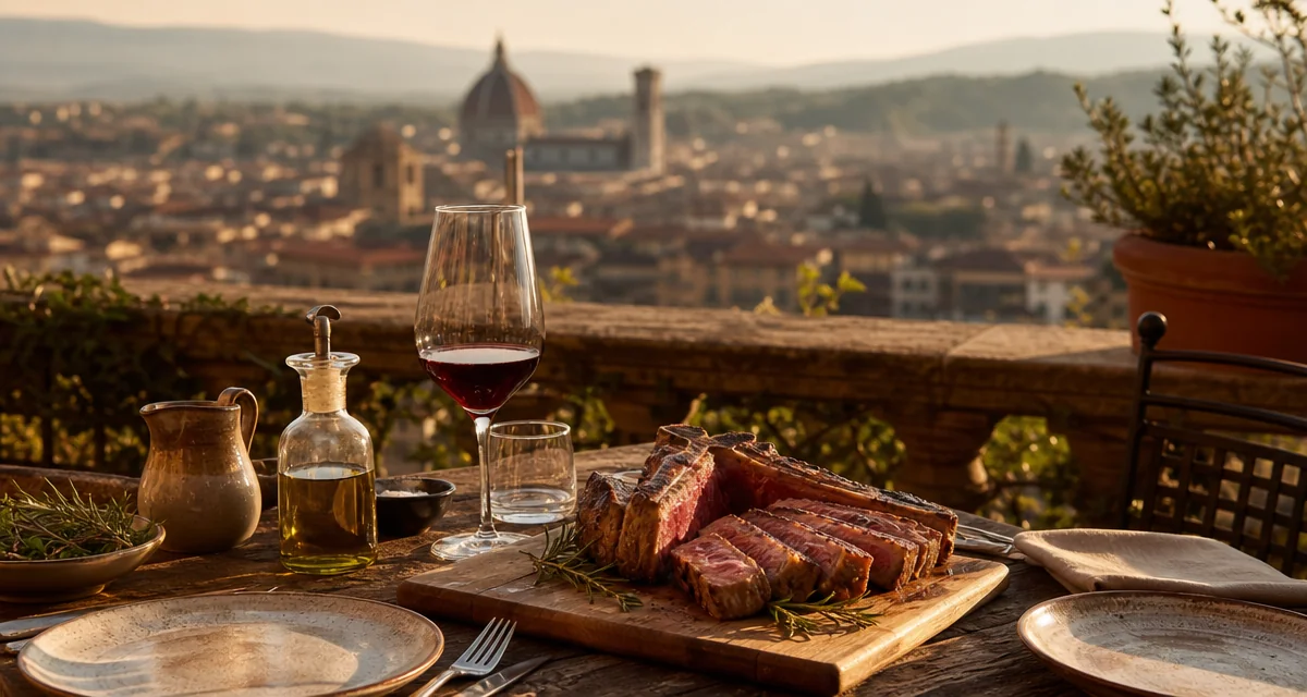 Bistecca alla fiorentina e calice di Chianti su terrazza al tramonto con vista su Firenze