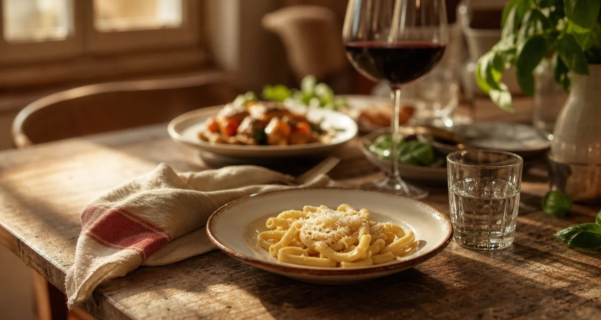 Tavola di famiglia con piatto di pasta per bambini in primo piano e cena con chef a domicilio sullo sfondo