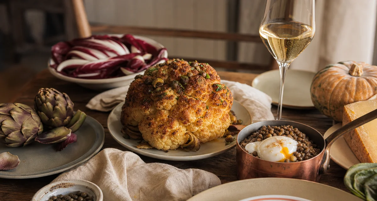 Cavolfiore arrosto intero e lenticchie di Castelluccio su tavola apparecchiata per cena vegetariana gourmet a domicilio