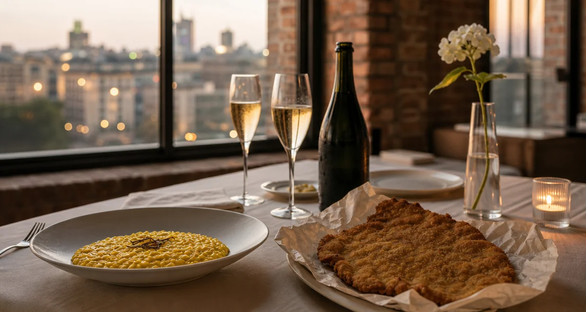 Cena chef a domicilio a Milano con risotto alla milanese, cotoletta e Franciacorta in loft elegante
