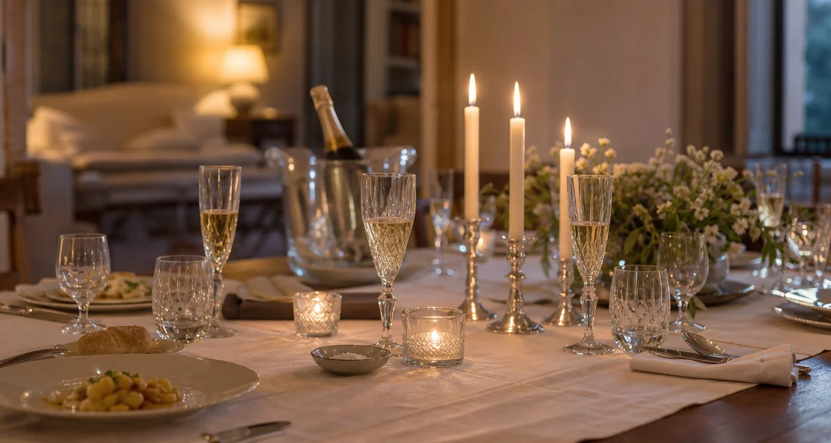 Tavola elegante apparecchiata in casa per una cena importante con calici di bollicine e candele accese