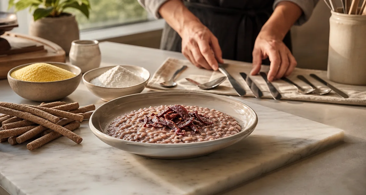 Chef a domicilio prepara risotto senza glutine in cucina di casa con ingredienti naturalmente gluten-free