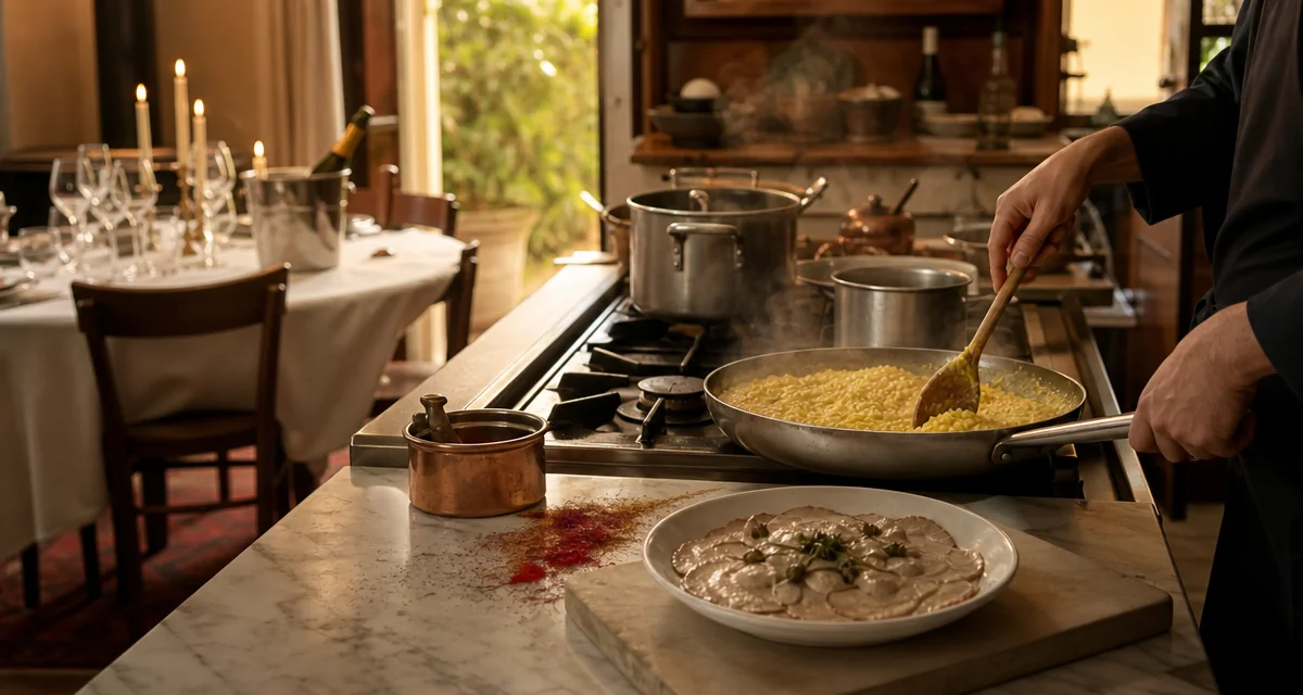 Cucina di casa italiana con chef ai fornelli e lunga tavola apparecchiata per molti ospiti