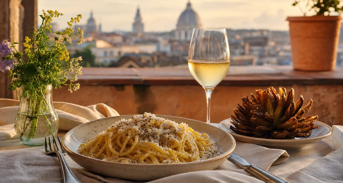 Terrazza romana al tramonto con tonnarelli cacio e pepe, carciofo alla giudia e calice di Frascati DOC