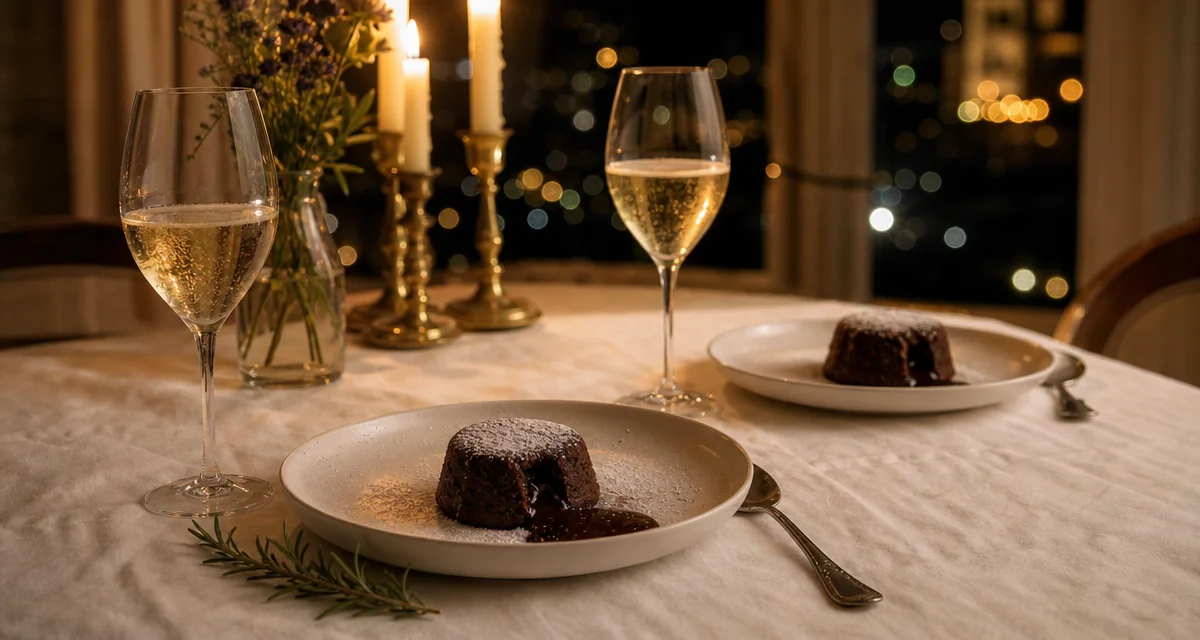 Tavola per due con tortino al cioccolato e calici Franciacorta, cena romantica San Valentino a lume di candela