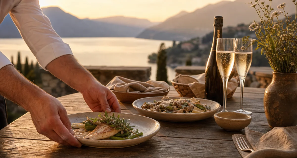 Tavola in terrazza sul Lago di Como al tramonto con pizzoccheri, pesce di lago e Franciacorta